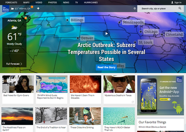 Screenshot of the Weather.com homepage