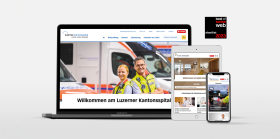 Mock-up of www.luks.ch homepage on laptop, tablet and mobile