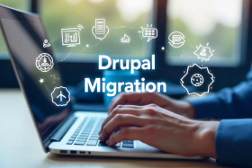 Man typing on a laptop with the words Drupal Migration written on the overlay
