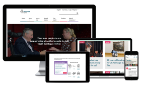 Desktop, Macbook, tablet and iPhone showing pages from Heritage Lottery Fund's Website