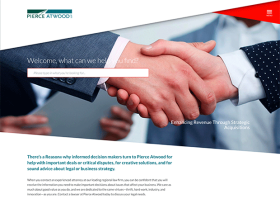 Home page for Pierce Atwood shows the logo in the top left, a menu button on the top right, a search box in the middle, a background image of a handshake, and text about the company below. 