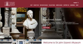 The Sir John Soane homepage, featuring a number of menu options and a large image of his marble bust