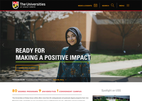 Home page for The Universities at Shady Grove shows a black menu bar at the top with the USG logo on the far left and three categories justified to the right which are"news and events," "search," and "menu." The middle of the page features a large image of a woman smiling  and the campus landscape in the background. The words "Ready for making a positive impact" with a button for "Learn How to Apply" across the bottom of the image. Below this is a stats list and "Spotlight on USG."