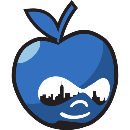 DrupalCampNYC Druplicon apple logo with cityscape sunglasses