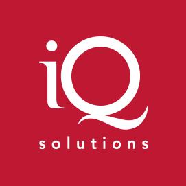 IQ Solutions, logo with white text on red background.