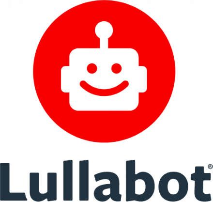 Lullabot logo with red circle with white robot face above the word, Lullabot.