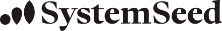 Logo with the word SystemSeed in black text and three increasing symbols on the left that look like a seed, a drop, and a leaf.