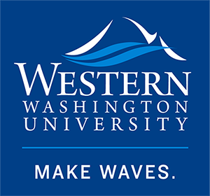 A peaked mountain drawing with blue rivers running over it above the words Western Washington Univeristy - Make Waves.