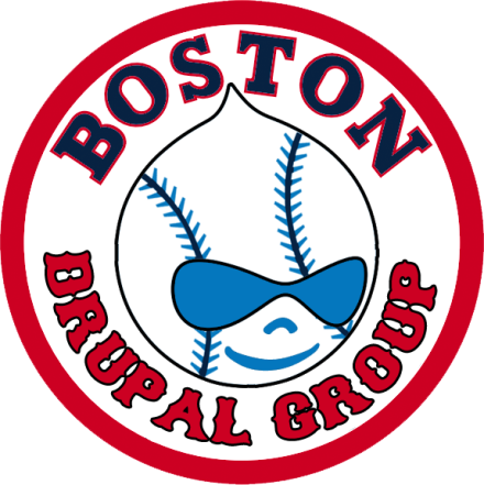 Drupal drop logo with baseball stitching and the words Boston Drupal Group