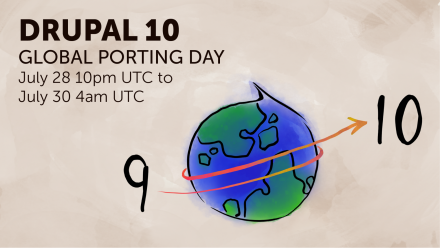 Drupal 10 Global Porting Graphic with Drupal-shaped Globe