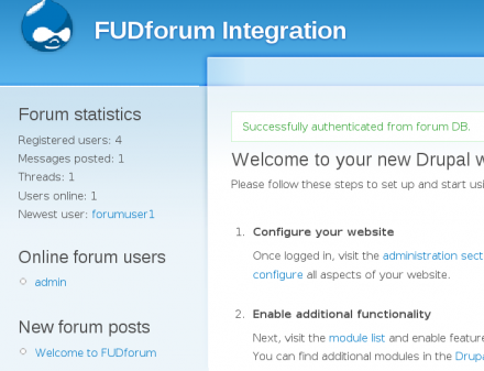 Authenticated users from Forum DB. Stats, online users and latest forum posts displayed can be displayed as standard Drupal blocks.
