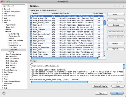 Eclipse template preferences