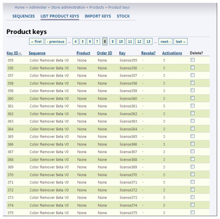 A view of the admin product keys listing.