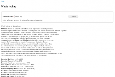 Whois result page showing drupal.org