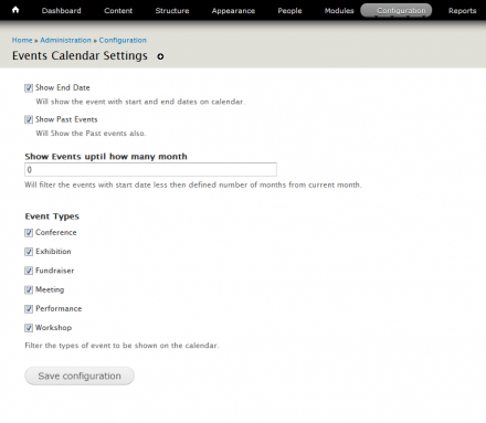 CiviCRM Events Calendar settings form