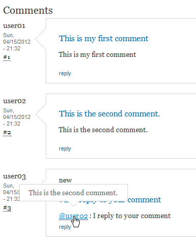 Comment reply contains link to referred comment author, with tooltip