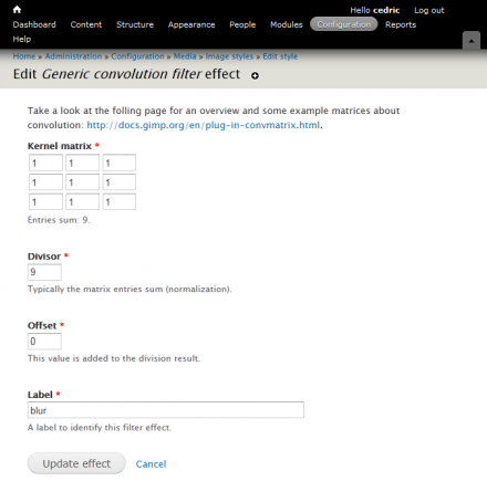 Convolution effect config page