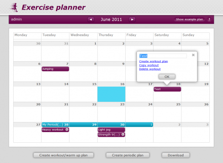 Exercise 2.0 calender screenshot