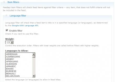 FeedAPI Language Filter screenshot