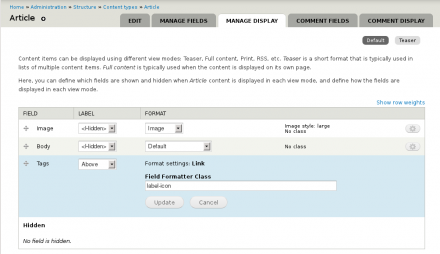Field formatter class settings on the manage-display tab, showing a custom class being added to a term reference field.