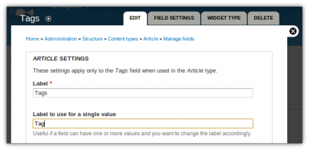 Field edit page with Field label plurals