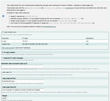 The IP Login administration screen