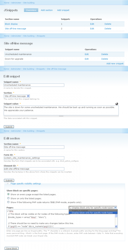 A range of screenshots of JSnippets administrative pages and in action.