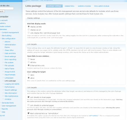 Links Package settings page