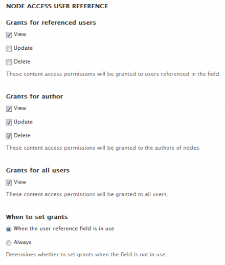 Node access user reference settings added to user reference fields.