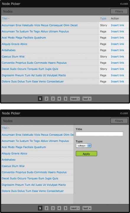 Node Picker UI. Second image shows exposed filters.