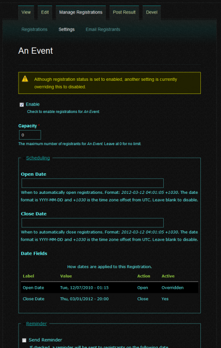 Shows how dates are applied to a Registration - On Registration settings form.