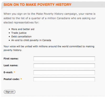 Petition for Make Poverty History created with the Connect module