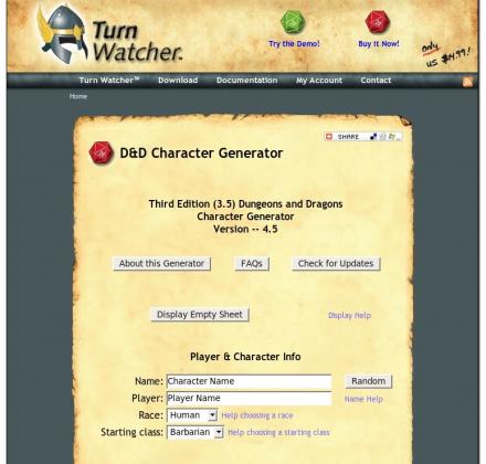 D&D Character Generator on the Turn Watcher website