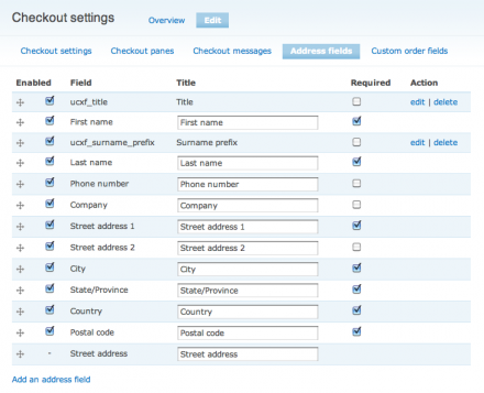 Address fields page: address fields can be added and reordered