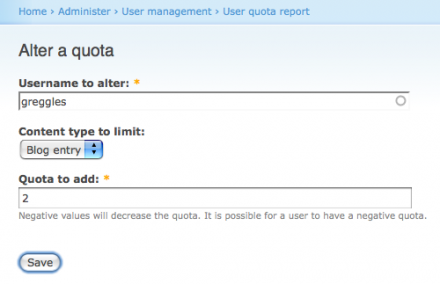 User Quota Alteration Screen