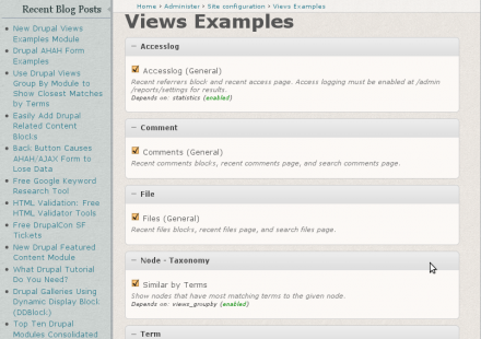 Views Examples Settings Page