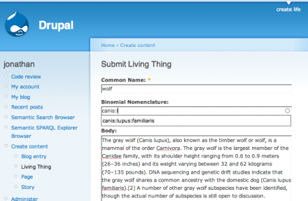 creating a wolf in a vocabulary freetagging field called "binomial nomenclature"