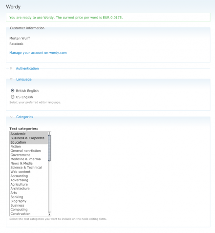 Wordy - Admin settings form