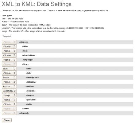 XML to KML: Data Settings