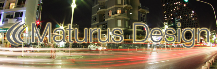 Logo banner of Maturus Design text in front of night street city and streaking traffic lights in background
