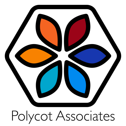 Polycot Associates logo (new 2023) - 6 differently colored petals arranged symmetrically inside a hexagon