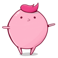 round cartoon person with a quiff of bright pink hair and outstretched arms