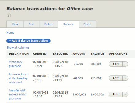 screenshot of an example of balance transaction type