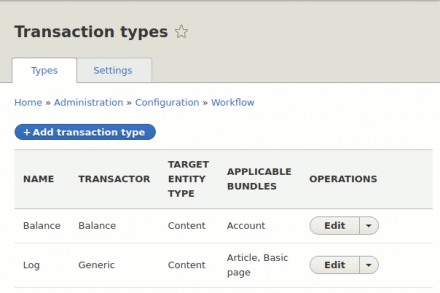 screenshot of transaction type list