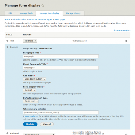 A screenshot of the paragraphs tabs widget configuration form on a node type's "Manage form display" page.
