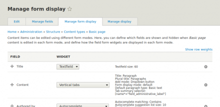 A screenshot of the paragraphs tabs widget summary on a node type's "Manage form display" page.