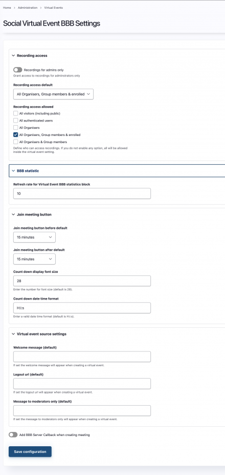 Settings page