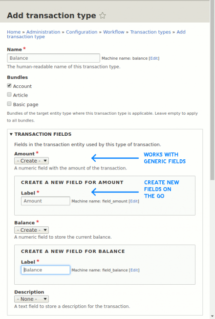 screenshot of transaction type form