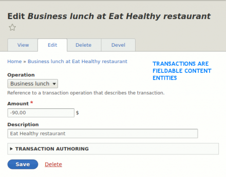 screenshot of a transaction form