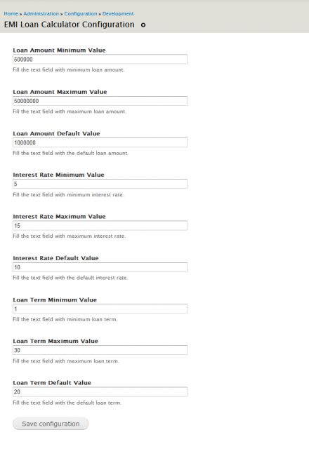EMI Loan Calculator Configuration Page
